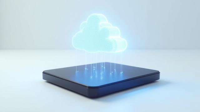 Conceptual visualization of digital data being backed up to the cloud and a hard drive